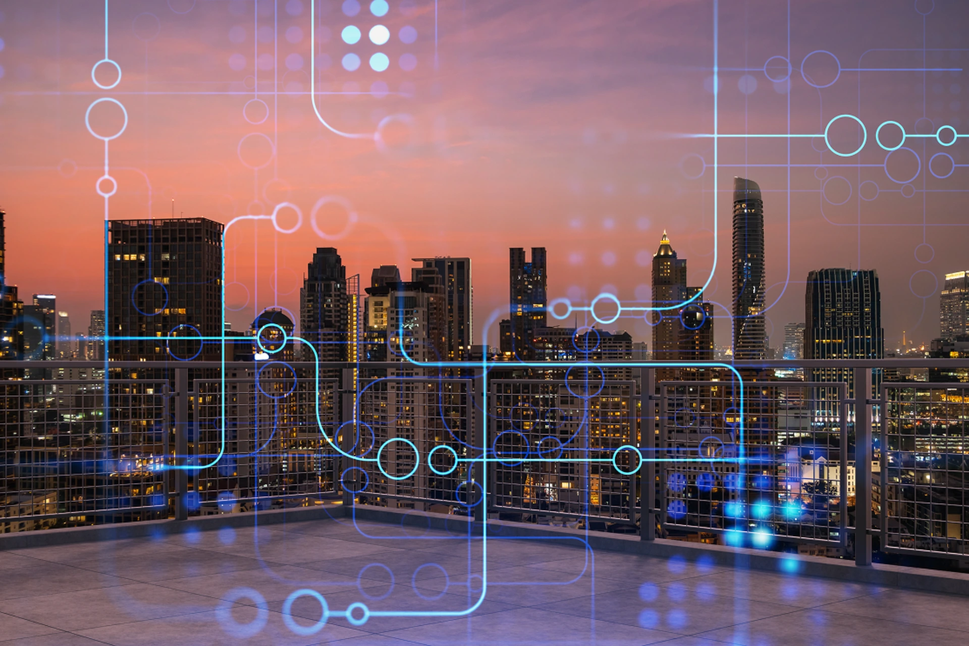 rooftop-with-concrete-terrace-bangkok-sunset-skyline-hi-tech-digital-holograms-optimize-business-process-by-applying-new-technologies-city-downtown-double-exposure 1
